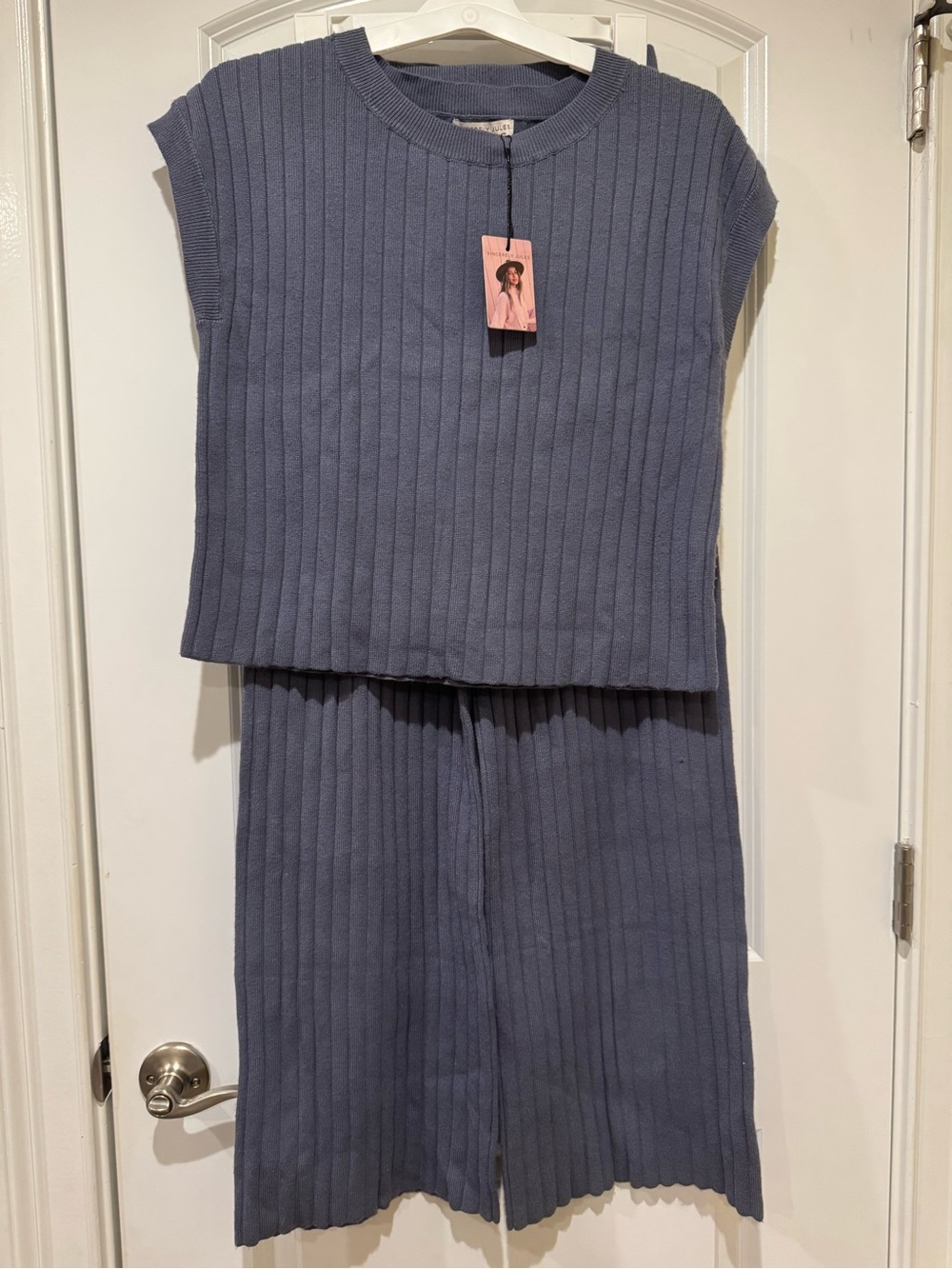 Sincerely Jules Ribbed Wide-Leg Knit Set - Dusty Blue